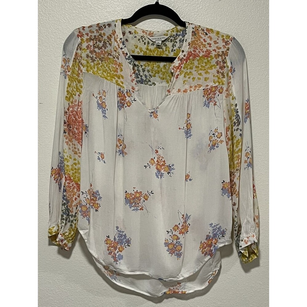 Lucky Brand Floral Print Popover Top Sz Medium Boho Colorful Peasant Cream Multi